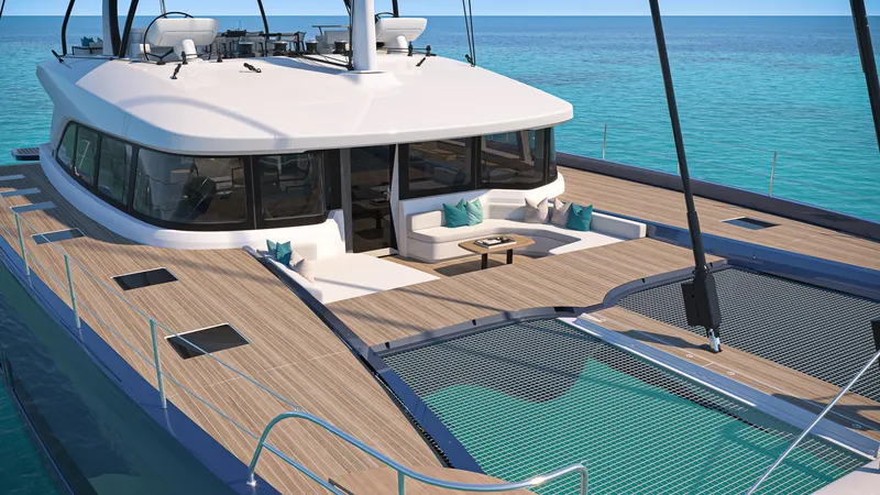 Slide: The Image of Woman relaxing on Lagoon Eighty 2 yacht platform, surrounded by clear turquoise water. - 7