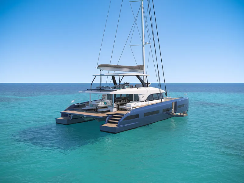 Slide: The Image of Luxurious 2025 Lagoon Eighty 2 yacht with elegant deck seating and stunning ocean views. - 8