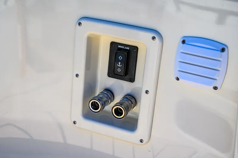 Slide: The Image of Control panel on 2025 Targa 37 boat with windlass switch and connectors. - 42