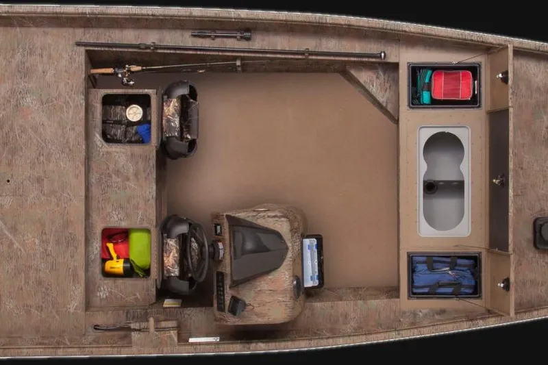 Slide: The Image of 2025 G3 Gator Tough 17 SC boat on trailer, camo design, parked outdoors. - 5