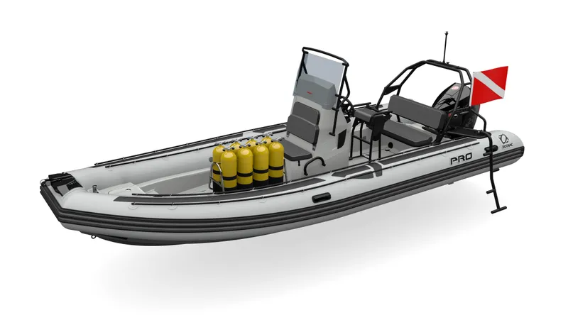 Slide: The Image of 2025 Zodiac Pro 7 inflatable boat with scuba tanks and dive flag. - 10