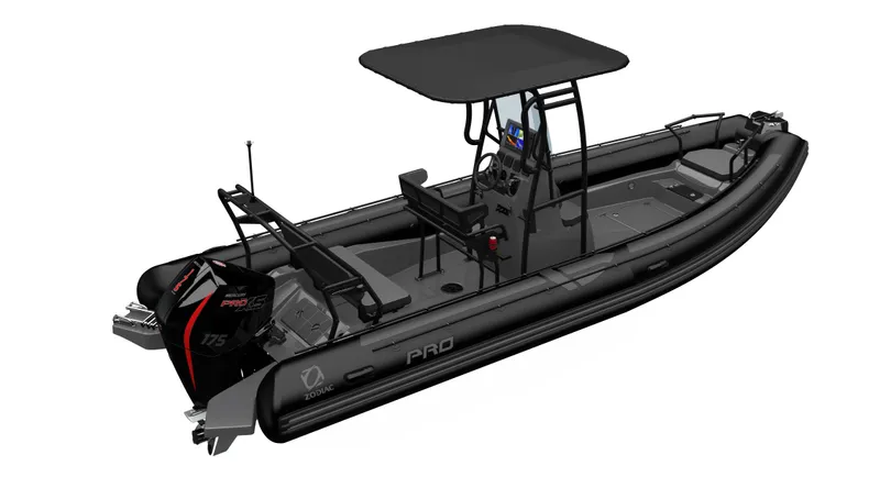 Slide: The Image of 2025 Zodiac Pro 7 inflatable boat with canopy and powerful outboard motor. - 11