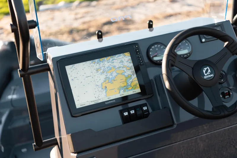 Slide: The Image of Zodiac Pro 7 boat dashboard with Garmin navigation system, 2025 model. - 2
