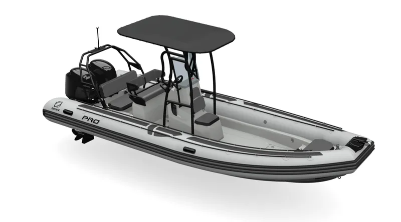 Slide: The Image of 2025 Zodiac Pro 7 inflatable boat with canopy, sleek design, and modern features. - 5