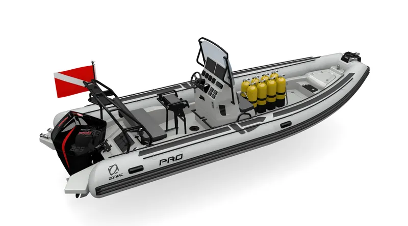 Slide: The Image of 2025 Zodiac Pro 7 boat with diving equipment and safety flag. - 8