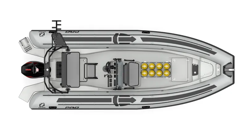 Slide: The Image of 2025 Zodiac Pro 7 boat, top view, showcasing sleek design and seating arrangement. - 9