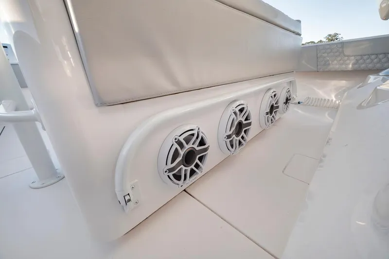 Slide: The Image of Contender 44 ST 2021 boat speakers and seating detail, showcasing modern marine audio setup. - 40