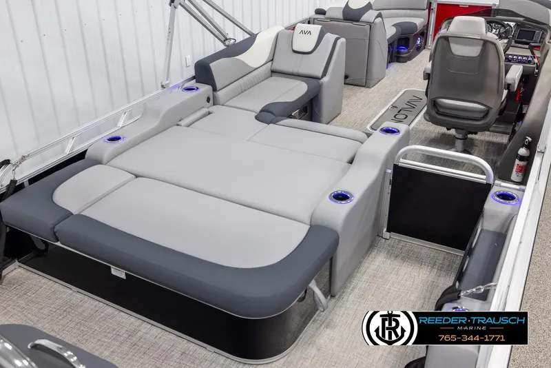 Slide: The Image of 2025 Avalon LSZ VRB pontoon boat interior with luxurious seating and modern design. - 12