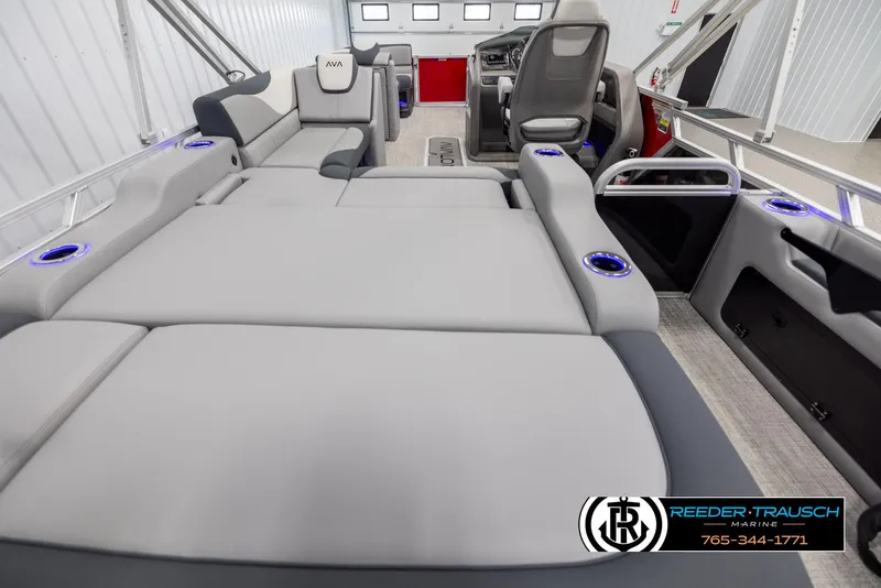 Slide: The Image of 2025 Avalon LSZ VRB boat interior with luxurious seating and modern design. - 16