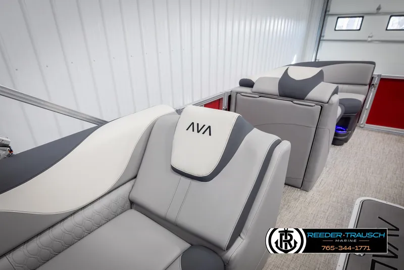 Slide: The Image of 2025 Avalon LSZ VRB boat interior with luxurious gray seating and modern design. - 28