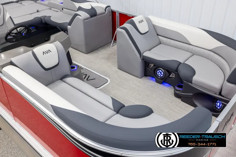 Slide: The Image of Luxurious interior of 2025 Avalon LSZ VRB pontoon boat with plush seating and ambient lighting. - 9