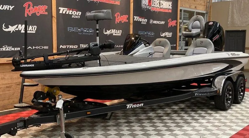 Slide: The Image of 2025 Triton 20XP fishing boat on display with trailer in showroom. - 11