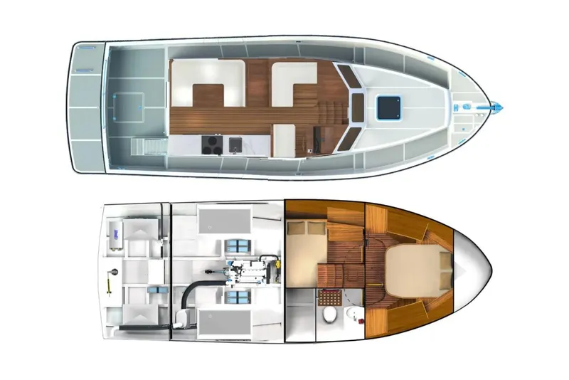 Slide: The Image of Top-down view of 2025 Helmsman Trawlers 38 Sedan interior layout. - 34