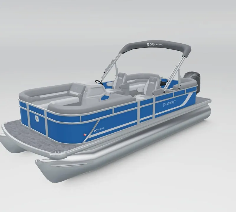 Slide: The Image of 2025 Godfrey Xperience 2286 SBX pontoon boat, blue and gray design, side view. - 29