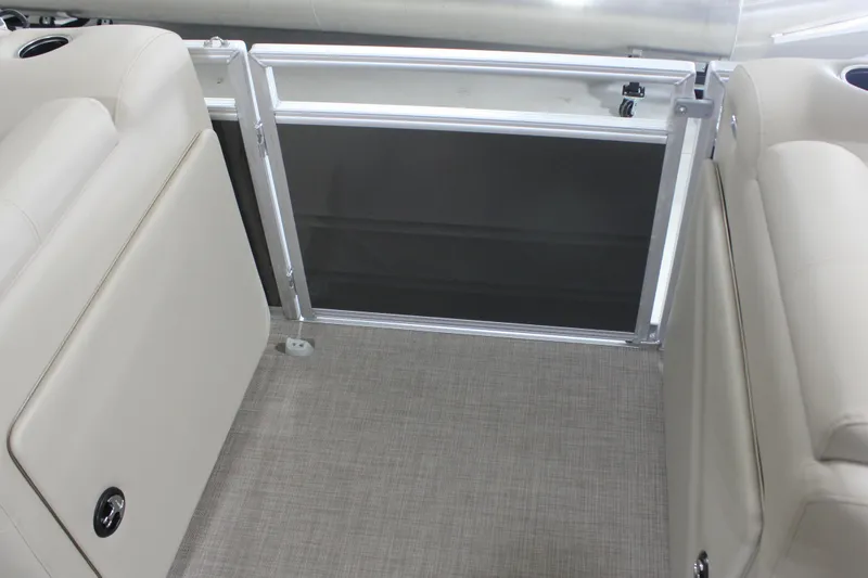 Slide: The Image of 2025 Sun Tracker Party Barge 20 DLX interior seating and gate detail. - 9