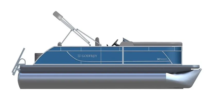 Slide: The Image of 2025 Godfrey Xperience 2286 SFLX pontoon boat, side view, blue and gray design. - 29