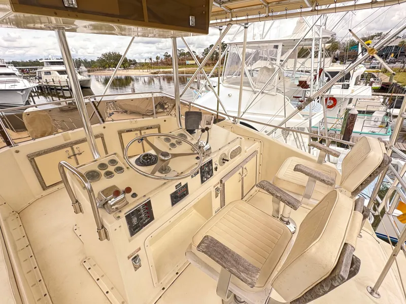 Slide: The Image of 1984 Hatteras 46 Convertible yacht helm with dual seats and control panel. - 9