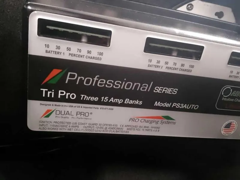Slide: The Image of Professional Series Tri Pro battery charger, three 15 amp banks, model PS3AUTO, for Ranger 1880MS Angler 2025. - 16