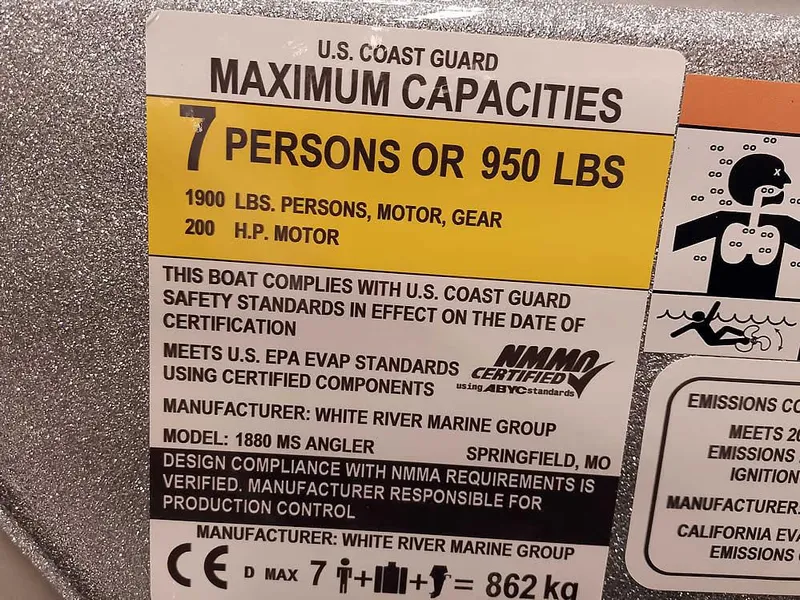 Slide: The Image of 2025 Ranger 1880MS Angler capacity label: 7 persons or 950 lbs, 200 HP motor. - 25