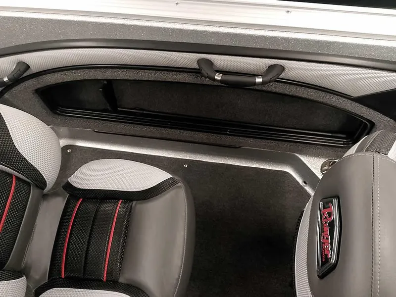 Slide: The Image of 2025 Ranger 1880MS Angler interior with gray and black seating, storage compartment. - 30