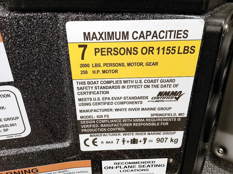 Slide: The Image of 2025 Ranger 620FS Fisherman capacity label: 7 persons or 1155 lbs, 250 HP motor. - 22