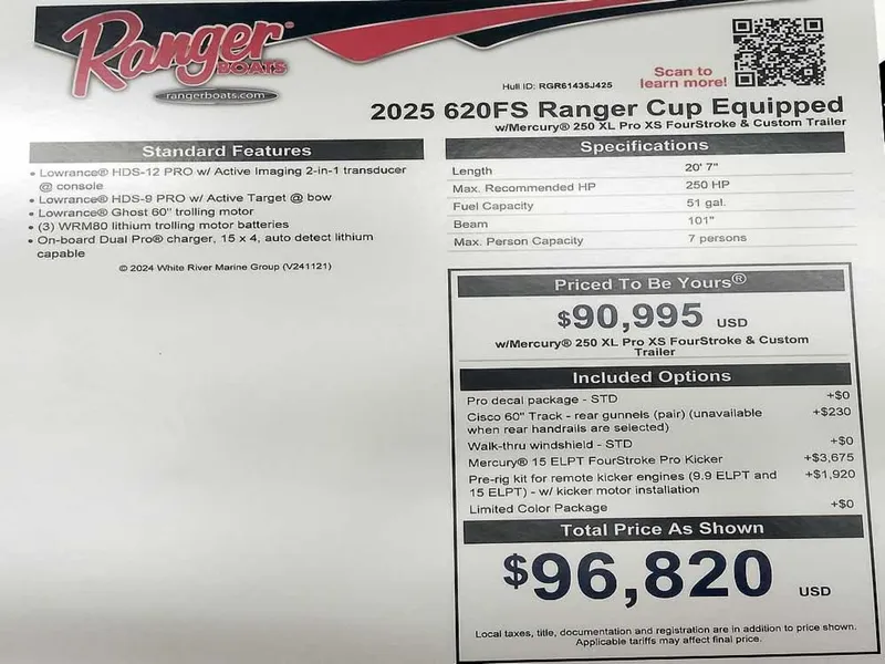 Slide: The Image of 2025 Ranger 620FS Fisherman boat pricing and features sheet with specifications and options. - 3