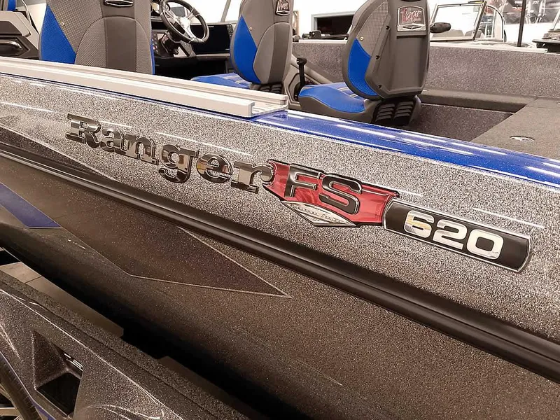 Slide: The Image of 2025 Ranger 620FS Fisherman boat, close-up of logo and seating area. - 4