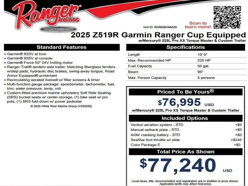 Slide: The Image of 2025 Ranger Z519R Cup-Equipped boat features and pricing details. - 38