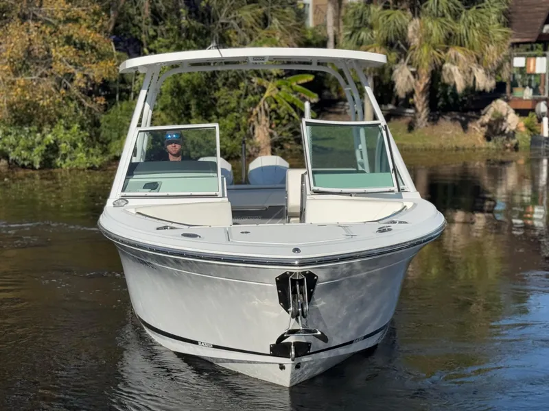 Slide: The Image of 2021 Blackfin 252DC boat on calm water, surrounded by lush greenery. - 15