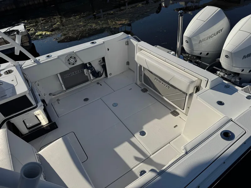 Slide: The Image of 2021 Blackfin 252DC boat interior with Mercury engines, featuring spacious deck and seating. - 34