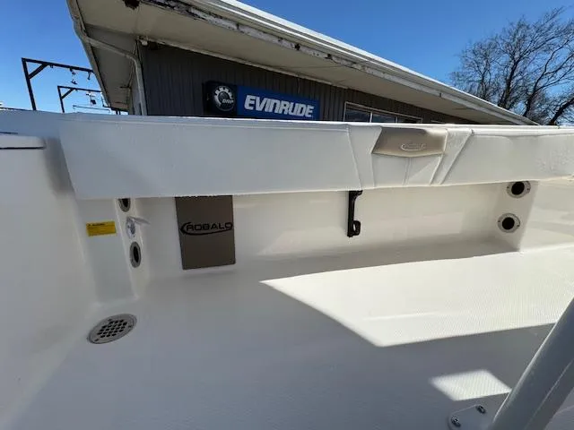 Slide: The Image of 2025 Robalo 266 Cayman boat interior with Evinrude signage in background. - 18