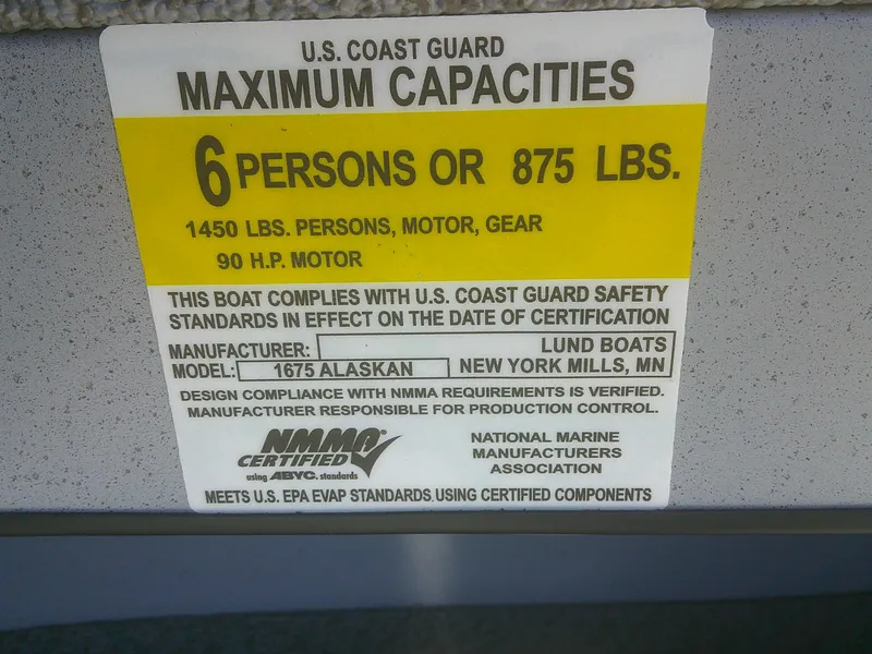 Slide: The Image of 2025 Lund 1675 Alaskan SS capacity label: 6 persons, 875 lbs, 90 HP motor compliance. - 12