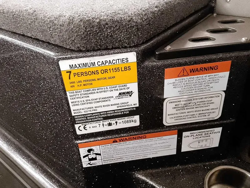 Slide: The Image of 2021 Ranger 622FS Pro capacity label, showing maximum 7 persons or 1155 lbs. - 35