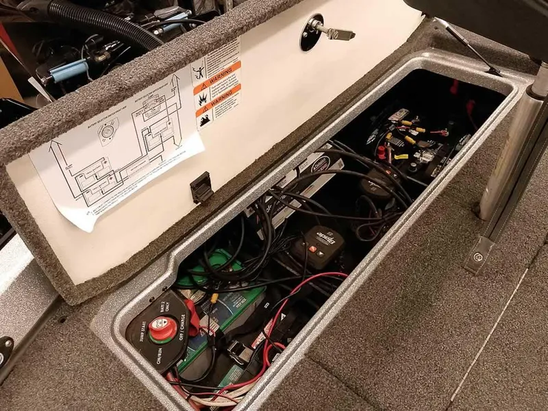 Slide: The Image of 2019 Ranger Z519 DC boat battery compartment with wiring and schematic diagram. - 38