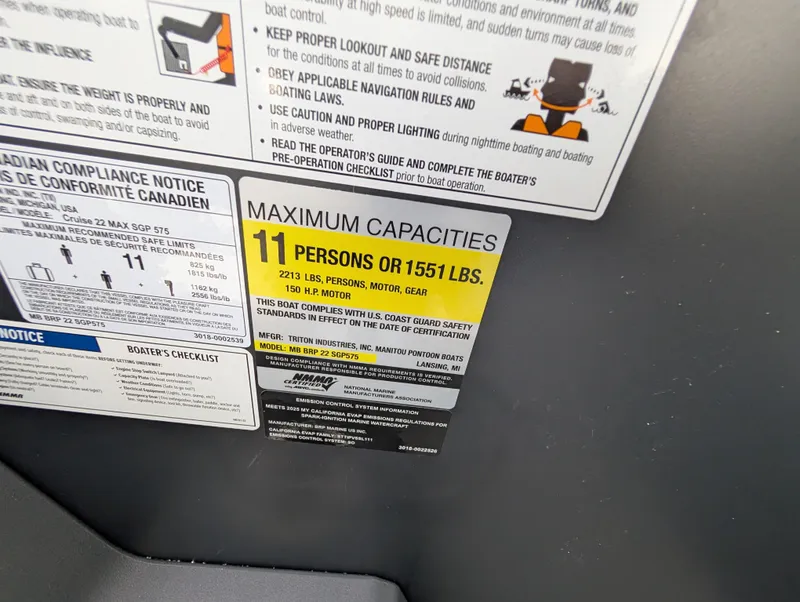 Slide: The Image of Capacity label on 2025 Manitou Cruise, max 11 persons or 1551 lbs. - 47