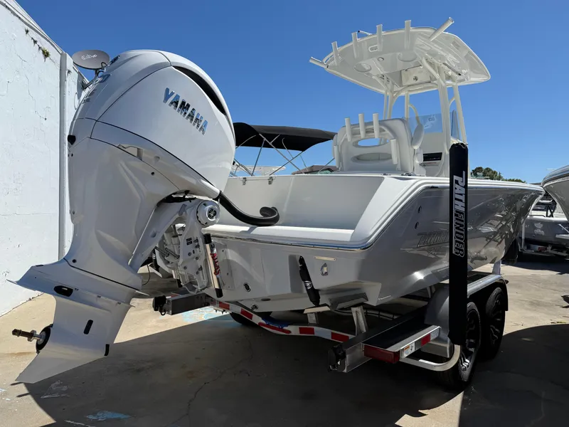 Slide: The Image of 2025 Pathfinder 2400 Open boat with Yamaha outboard engine on trailer, side view. - 3