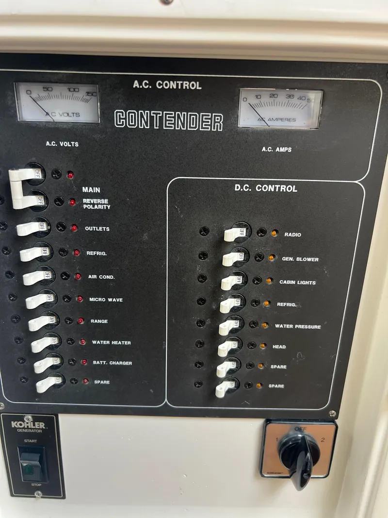 Slide: The Image of 1999 Contender 35 Center Console control panel with AC and DC switches. - 36