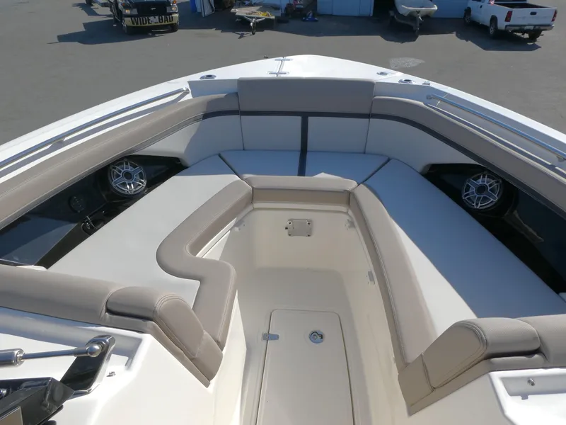 Slide: The Image of 2025 Boston Whaler 330 Vantage boat interior with spacious seating and modern design. - 12