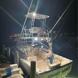 Slide: The Image of 2006 Luhrs 28 Open boat docked at night, illuminated with bright lights. - 16