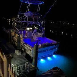 Slide: The Image of 2006 Luhrs 28 Open boat illuminated with blue lights at night by the dock. - 17