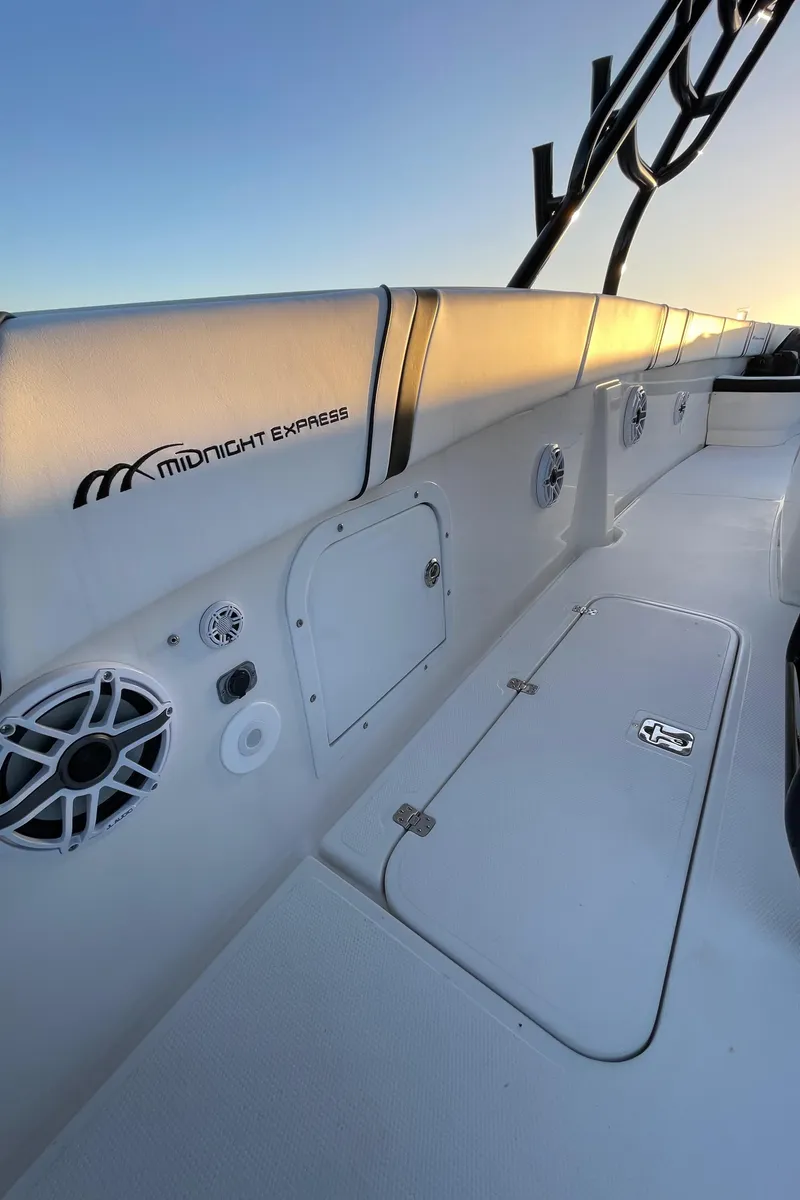 Slide: The Image of 2009 Midnight Express 34' Open boat interior with sleek design and modern features. - 18