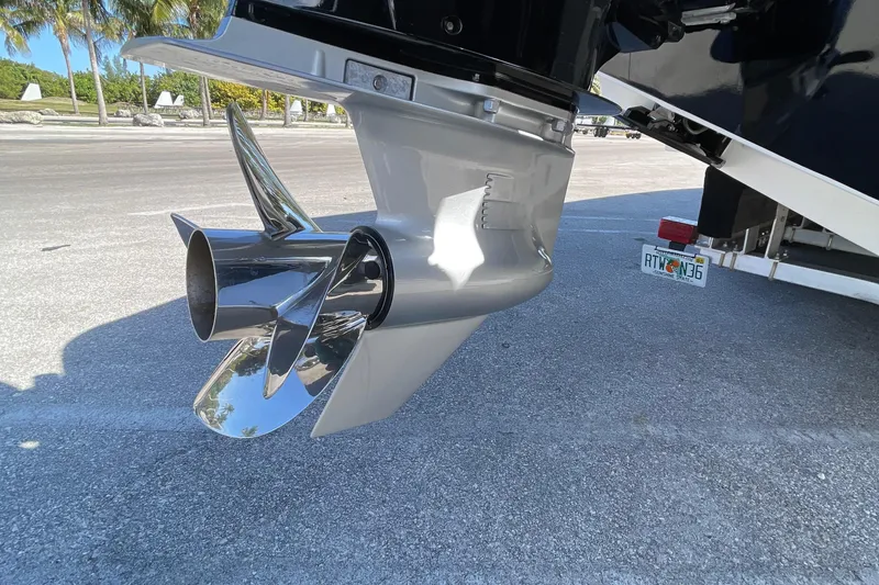 Slide: The Image of Close-up of a 2009 Midnight Express 34' Open boat propeller on a trailer. - 45