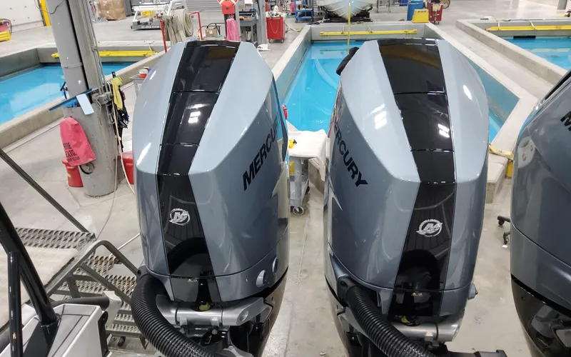 Slide: The Image of Twin Mercury outboard engines on a 2025 Formula 400 Super Sport Crossover in a testing facility. - 10