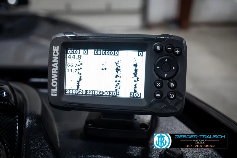 Slide: The Image of Fishfinder display on a 2023 Lowe FM 1775 boat dashboard. - 39