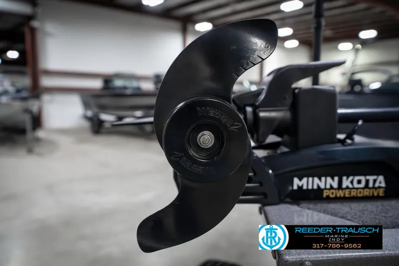 Slide: The Image of Close-up of a Minn Kota PowerDrive motor on a 2023 Lowe FM 1775 boat. - 48