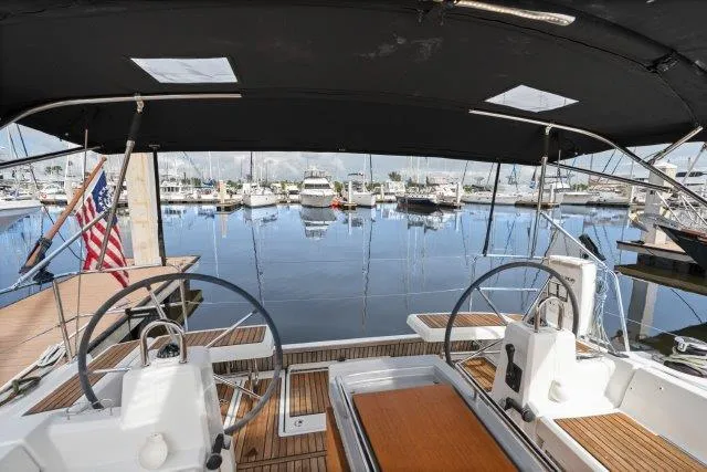 Slide: The Image of Cockpit view of 2018 Beneteau Oceanis 41.1 yacht in marina setting. - 37