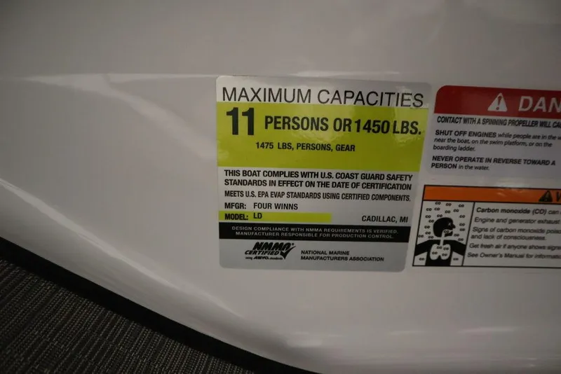 Slide: The Image of 2025 Four Winns H1 boat capacity label, maximum 11 persons or 1450 lbs. - 41