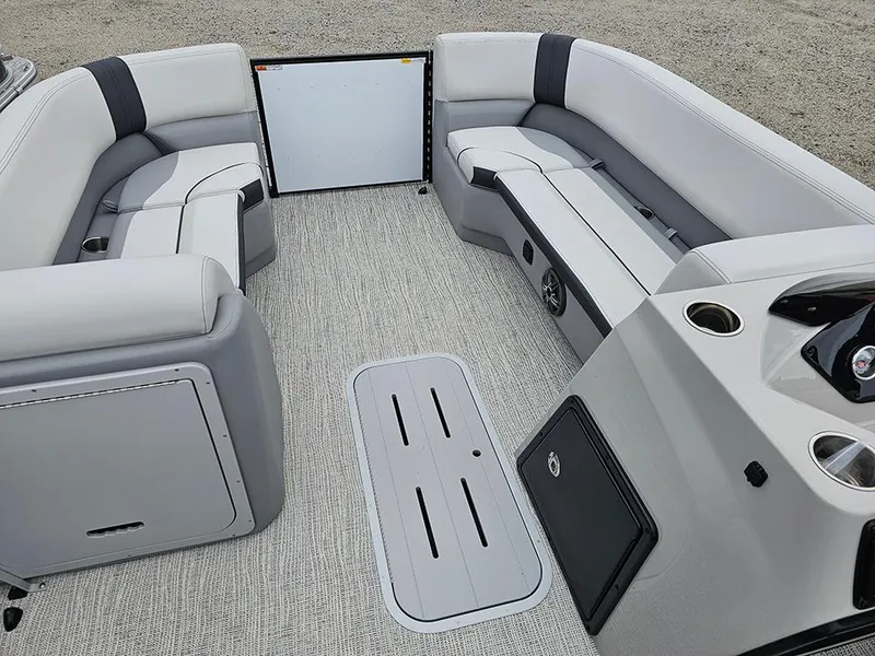 Slide: The Image of Interior of 2025 SunCatcher Select 322C pontoon boat with spacious seating and modern design. - 17