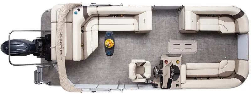 Slide: The Image of 2025 SunCatcher Select 322C pontoon boat, top view, spacious seating, modern design. - 28