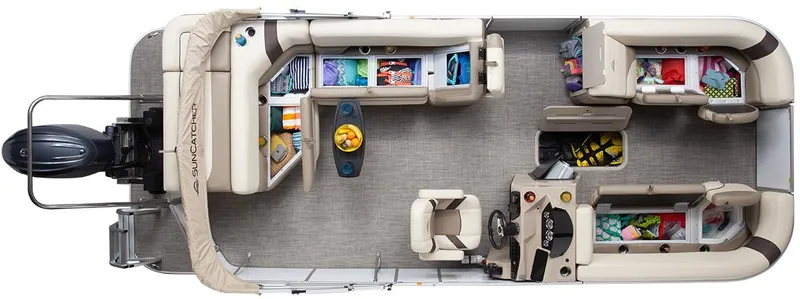 Slide: The Image of 2025 SunCatcher Select 322C pontoon boat interior layout with seating and storage compartments. - 29